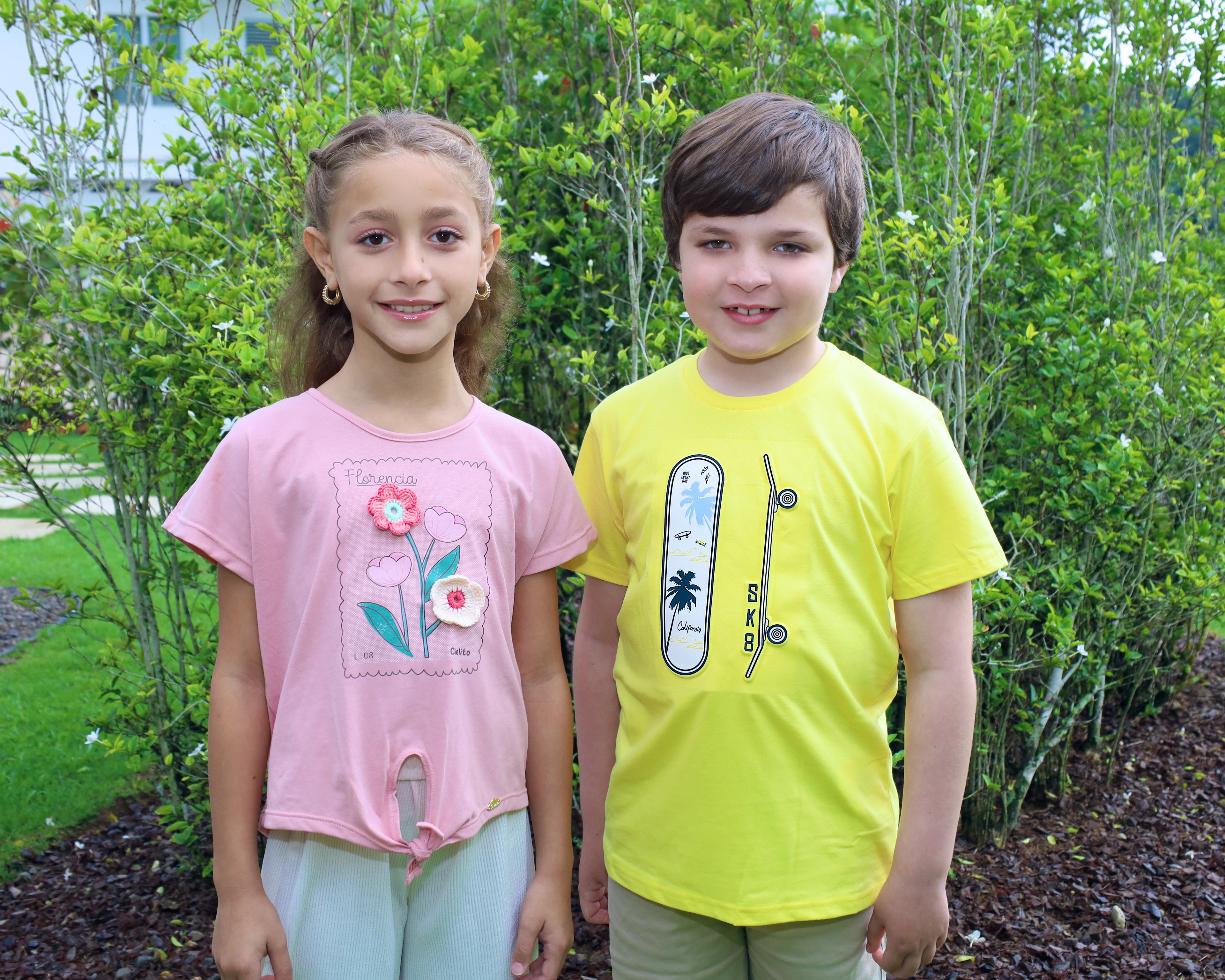 Pink T-Shirt with Flowers & White Ribbed Pants Set for Girls