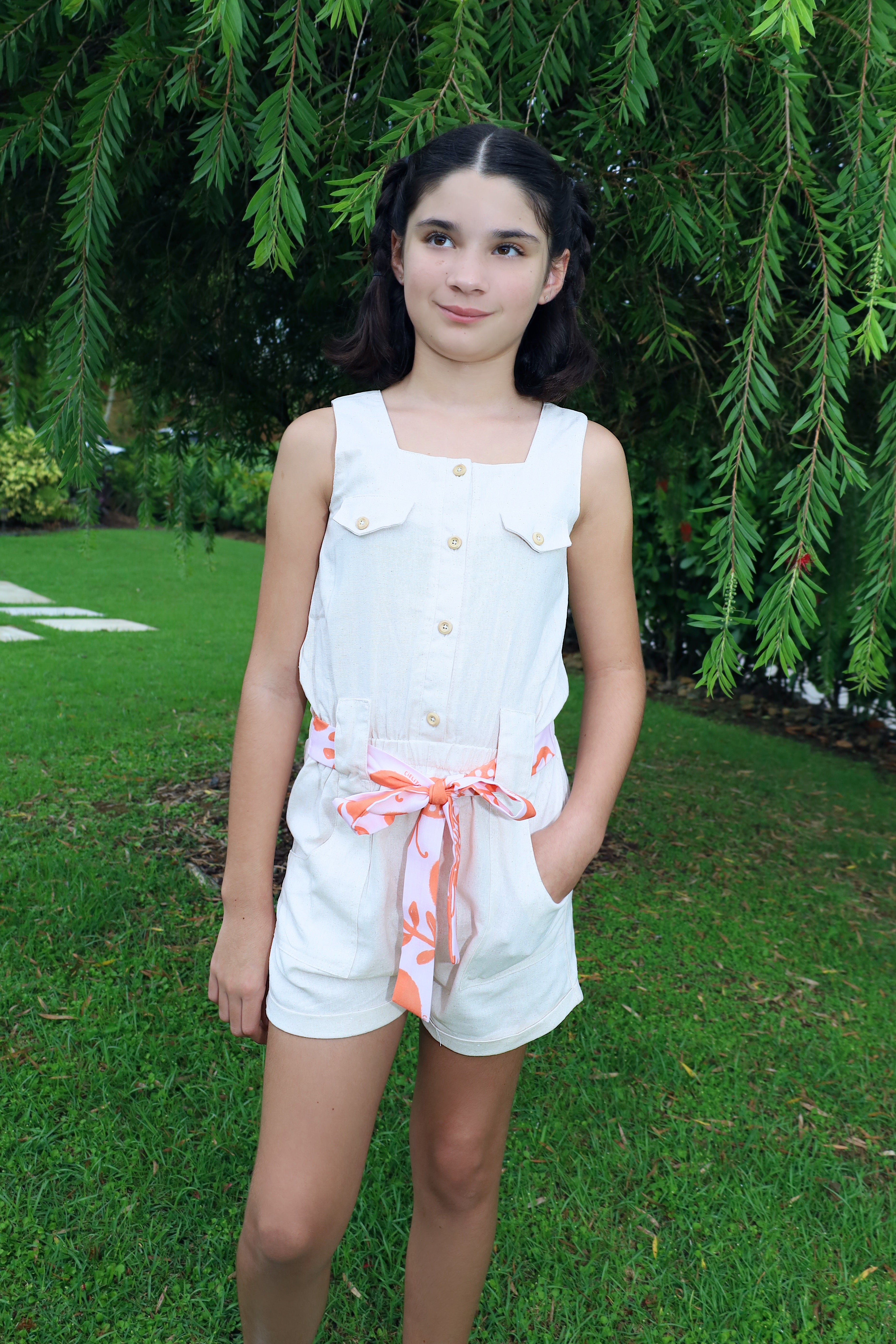 Linen Jumpsuit with Button Front & Printed Belt for Girl