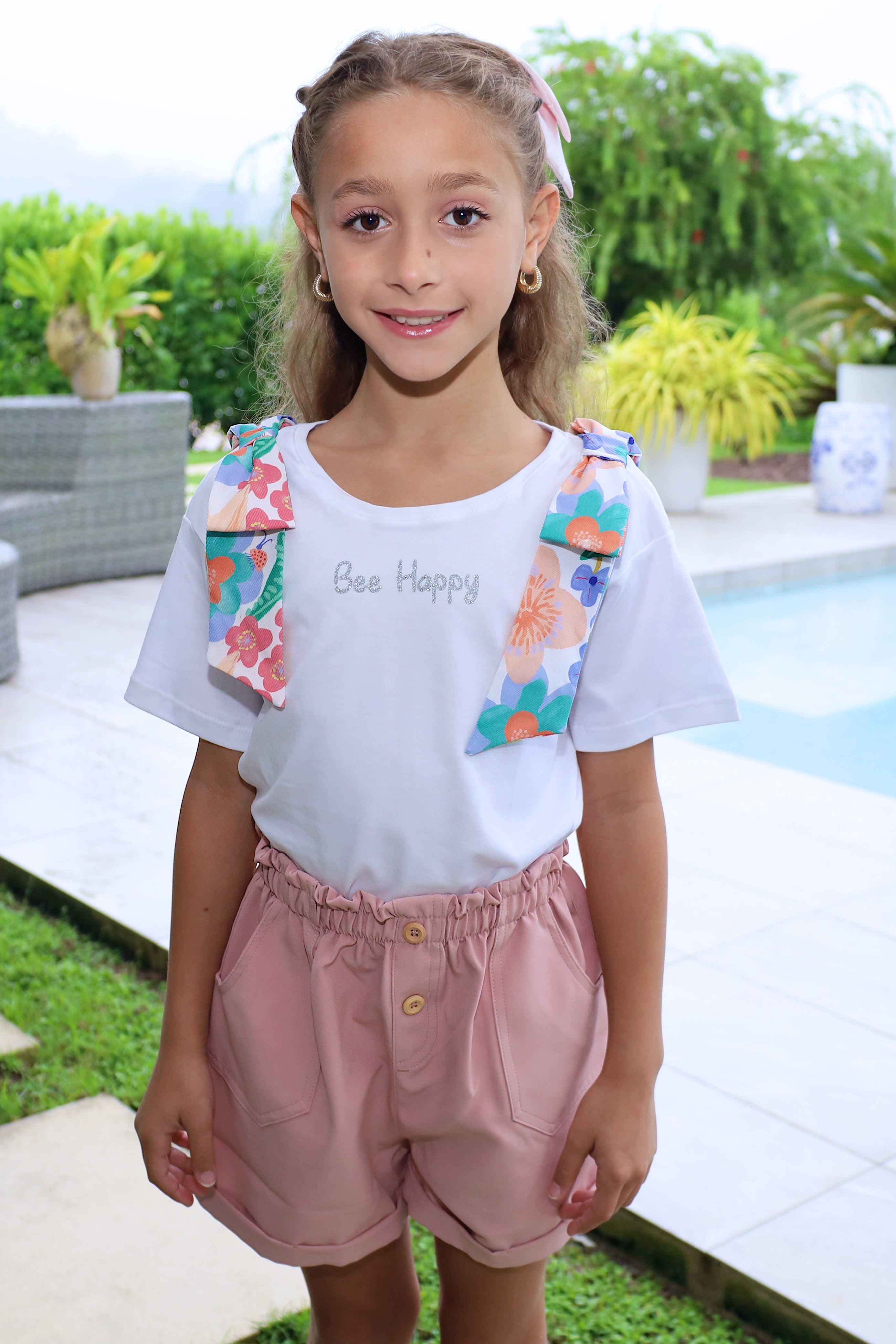 White Blouse with Printed Shoulder Bows & Pink Shorts with Pockets for Girl