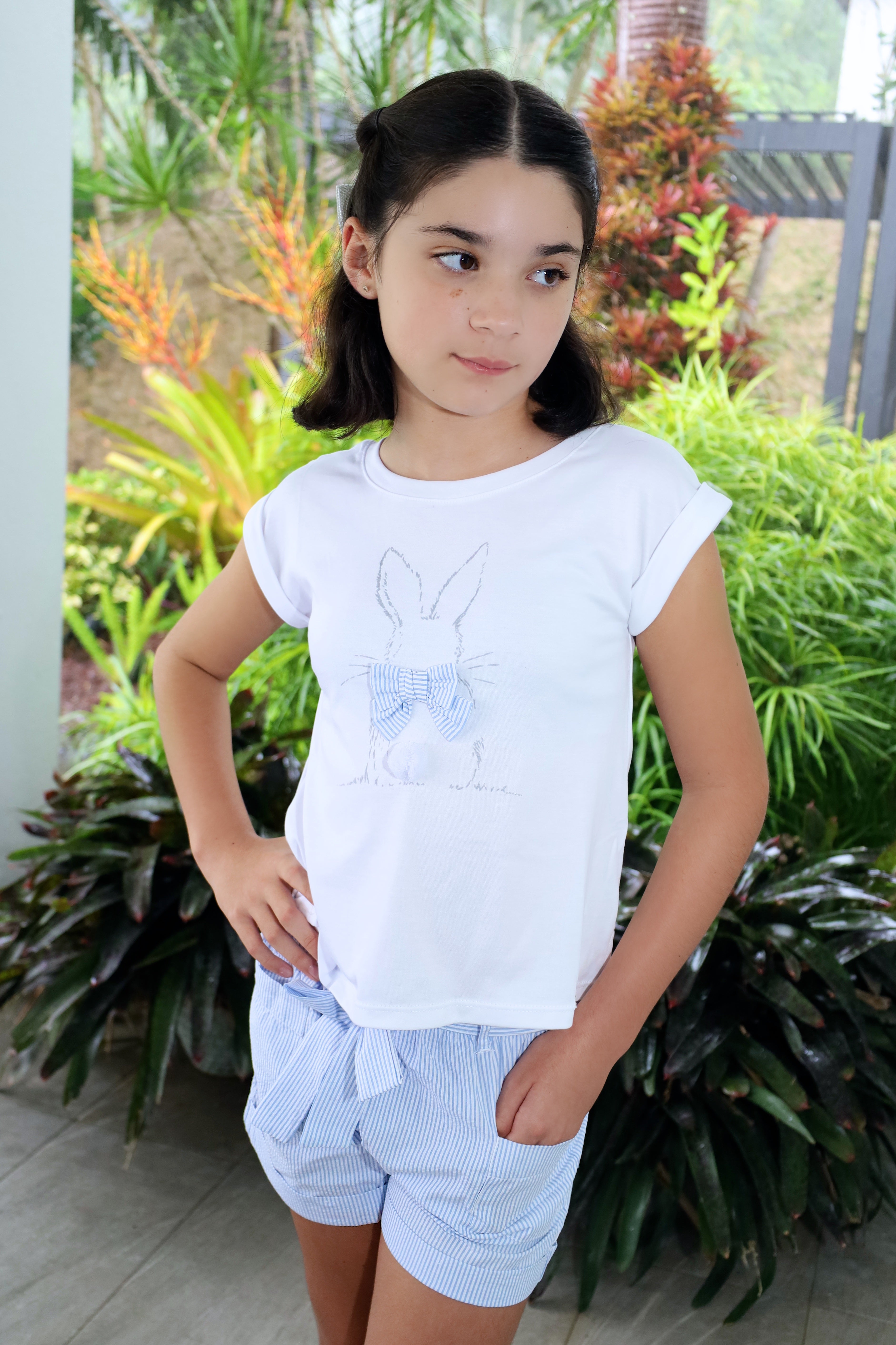 White Bunny Blouse & Blue Striped Shorts with Belt Set for Girl