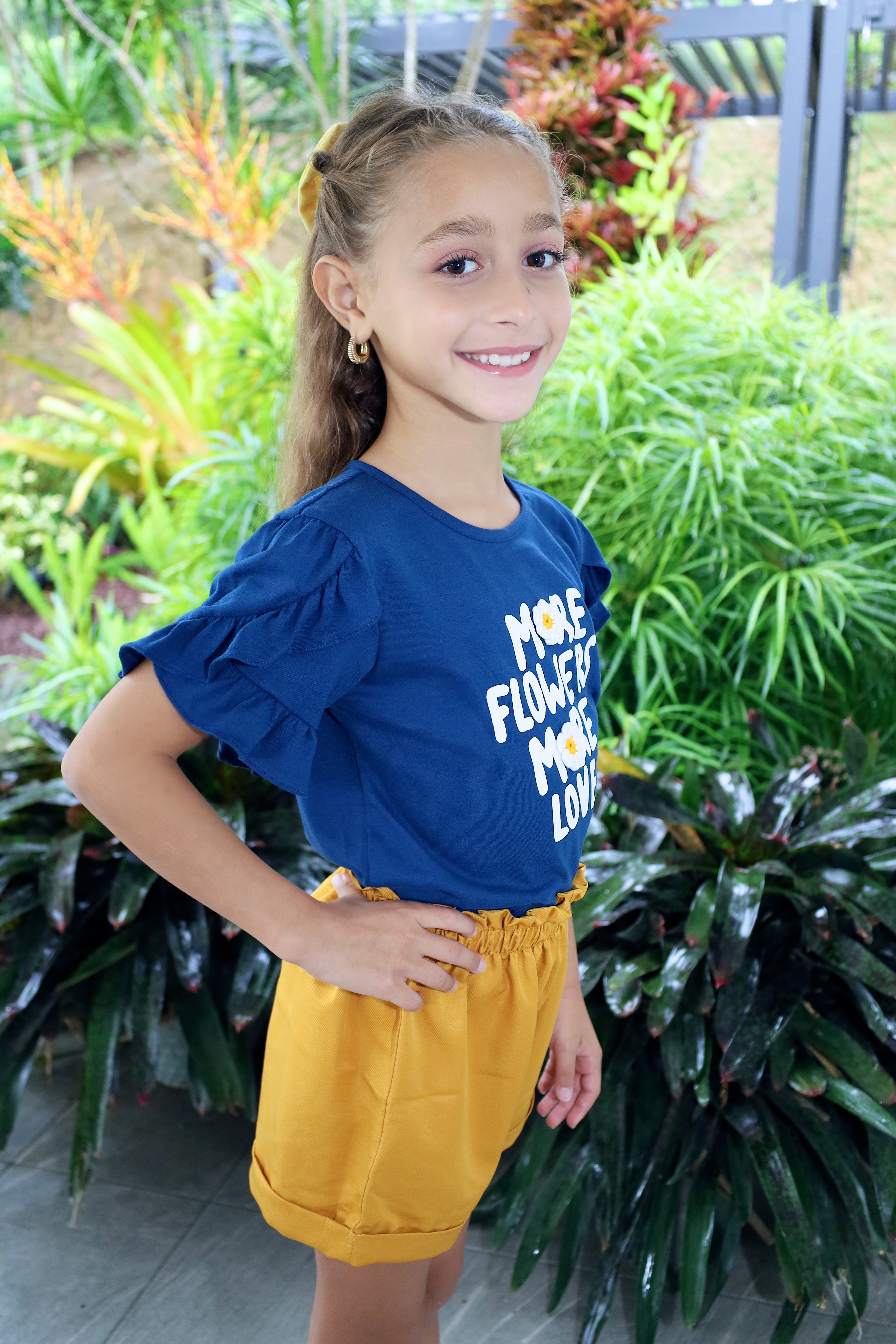 Blue Printed Blouse & Mustard Shorts Set for Girl