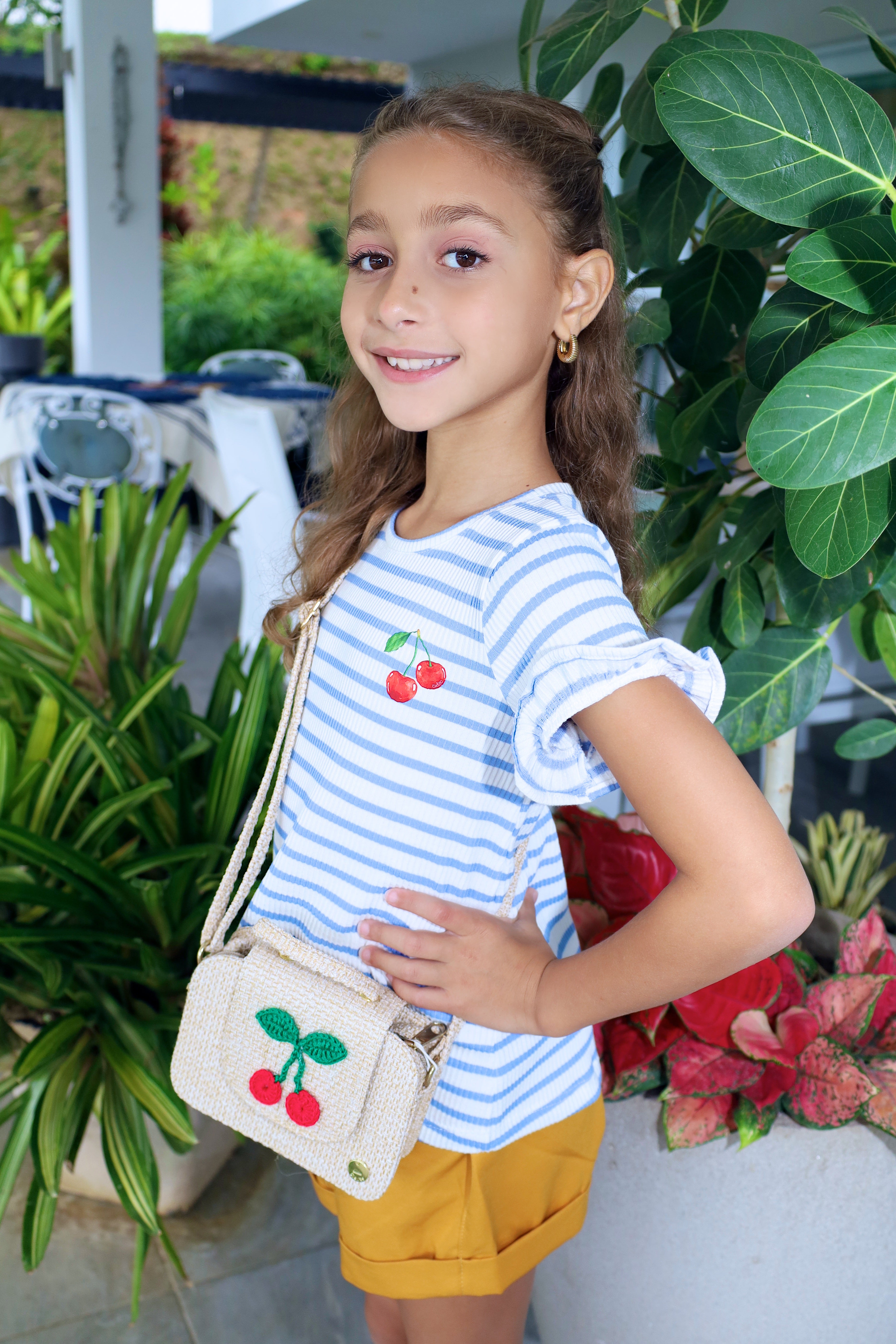 Blue Striped Blouse with Ruffle Sleeves & Cherry Print for Girl