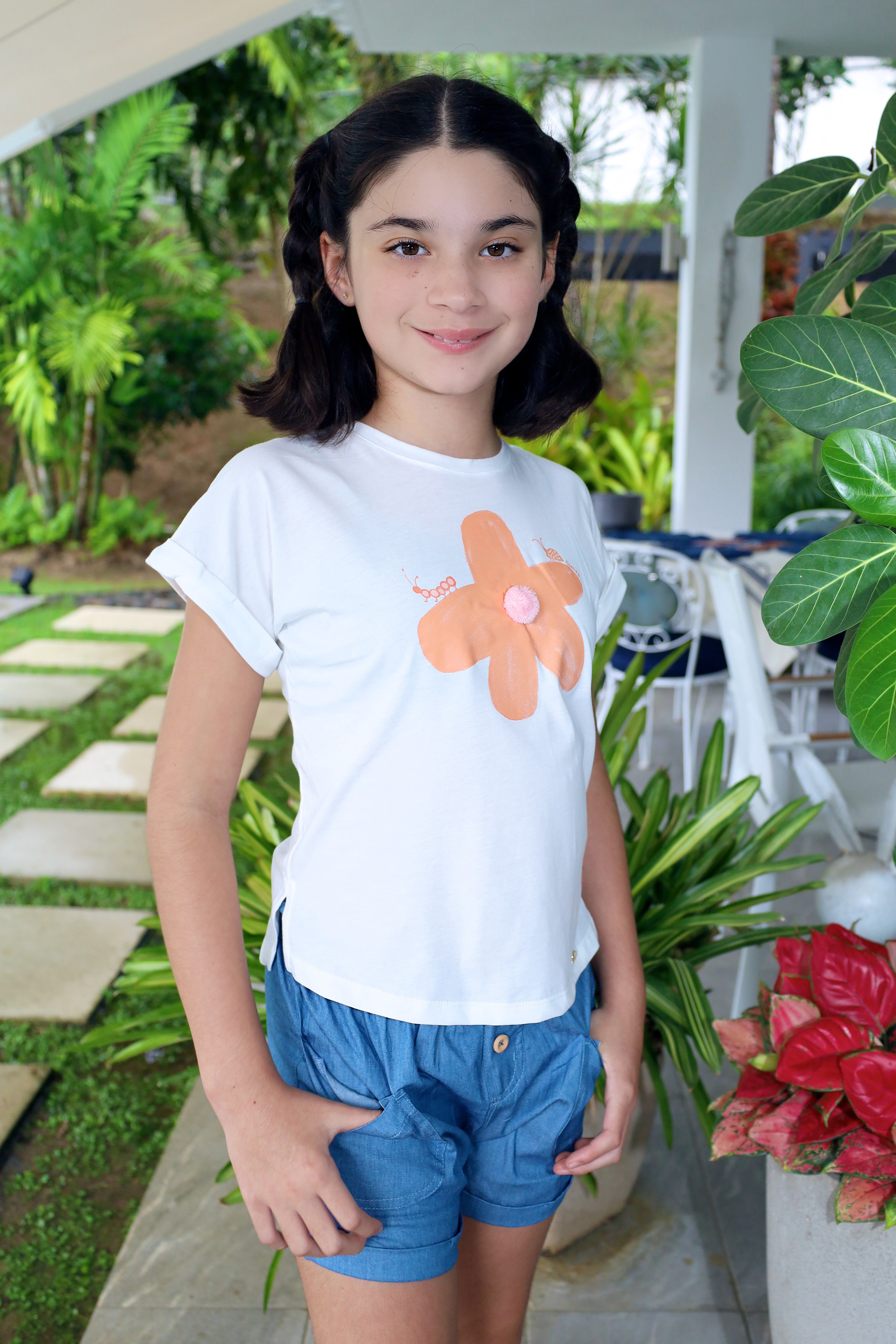 T-Shirt with Flower Print & Chambray Shorts Set for Girl