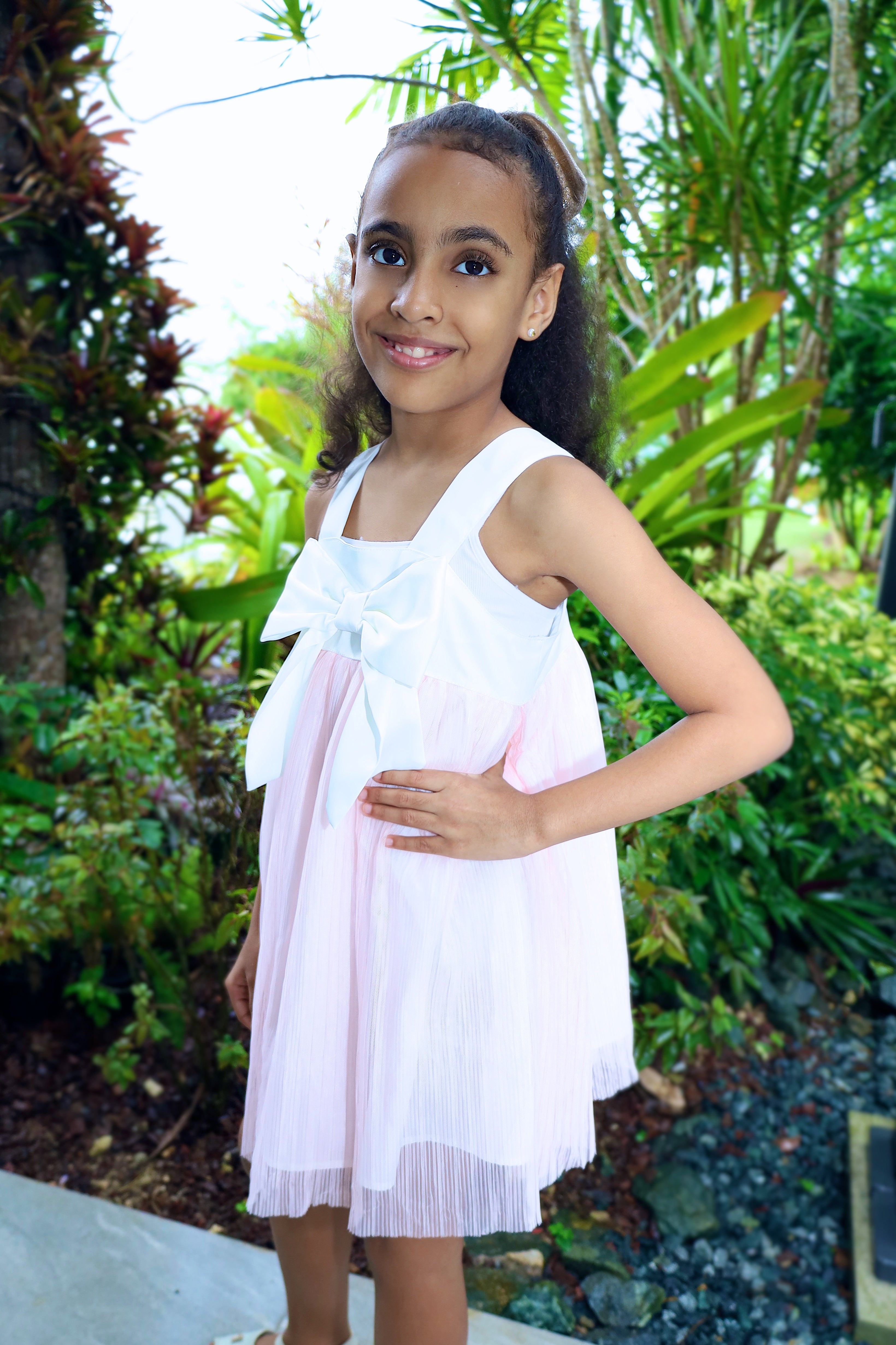 White Satin Dress with Bow & Pink Pleated Tulle for Girl