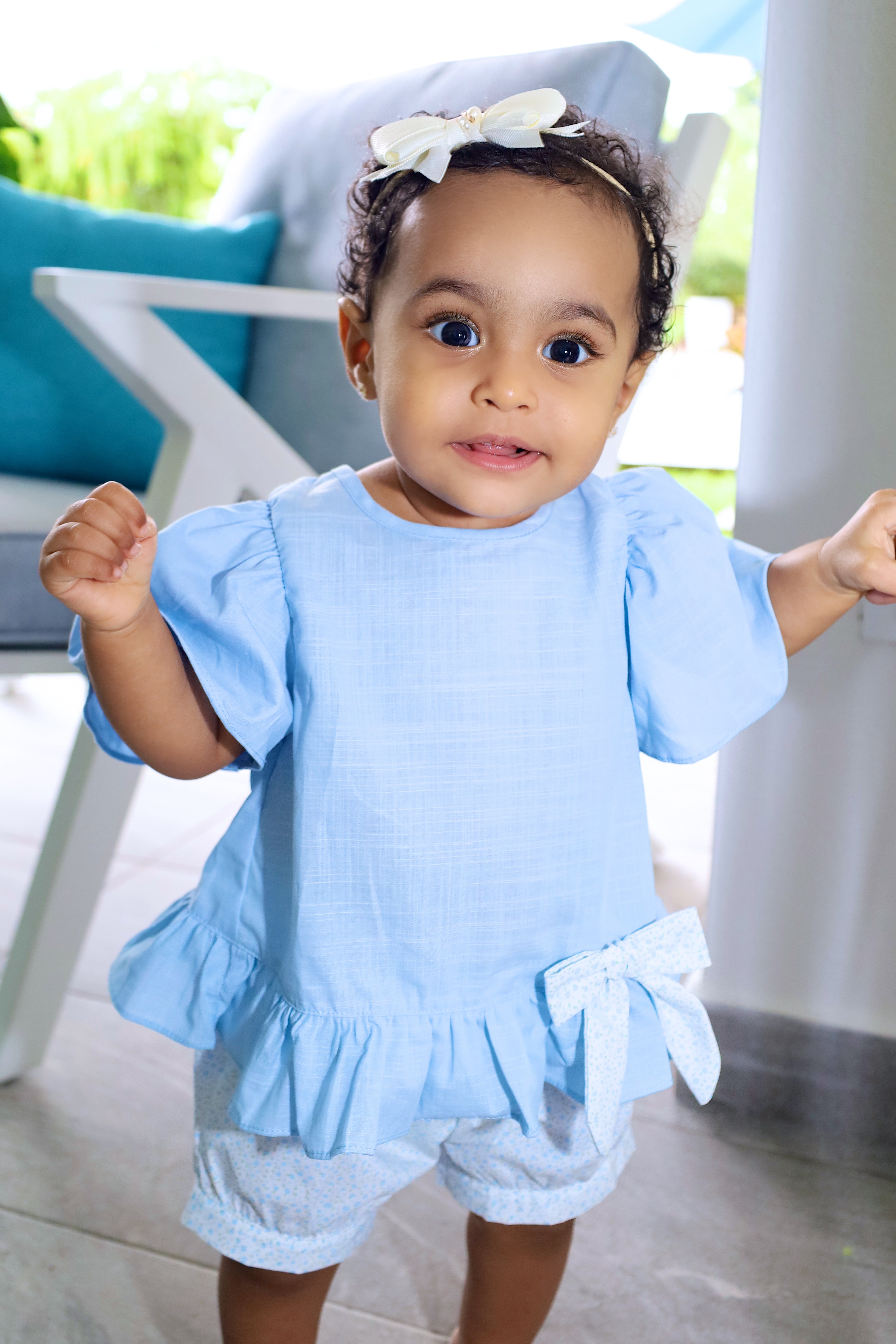 Blue Blouse with Bow and Ruffles & Printed Shorts Set for Baby Girl