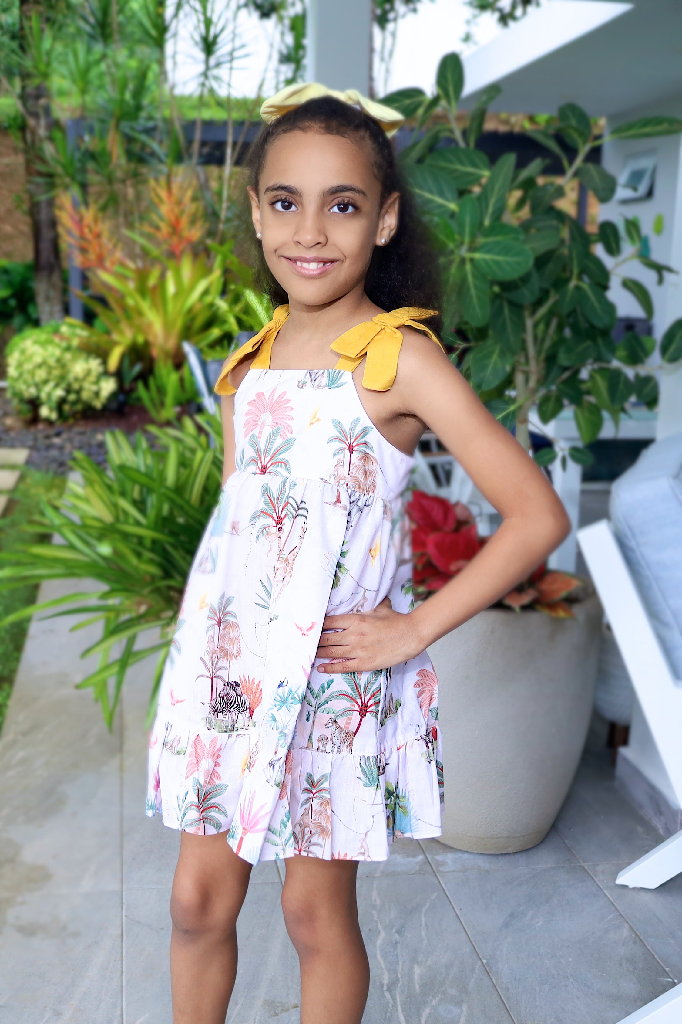 Mustard Strappy Linen Dress with Bows & Ruffle for Girl