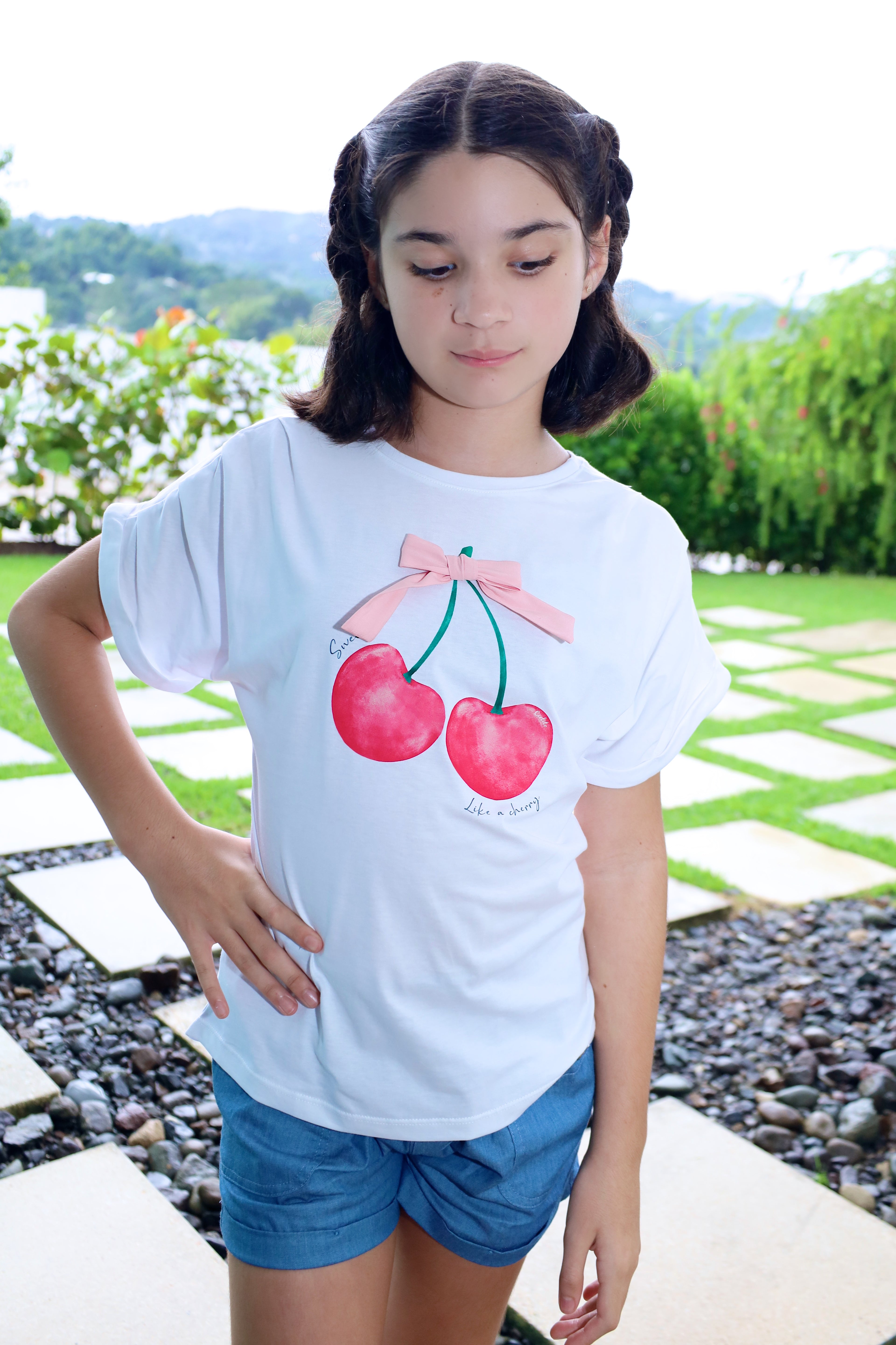 Cherry Print T-Shirt with Pink Bow for Girls