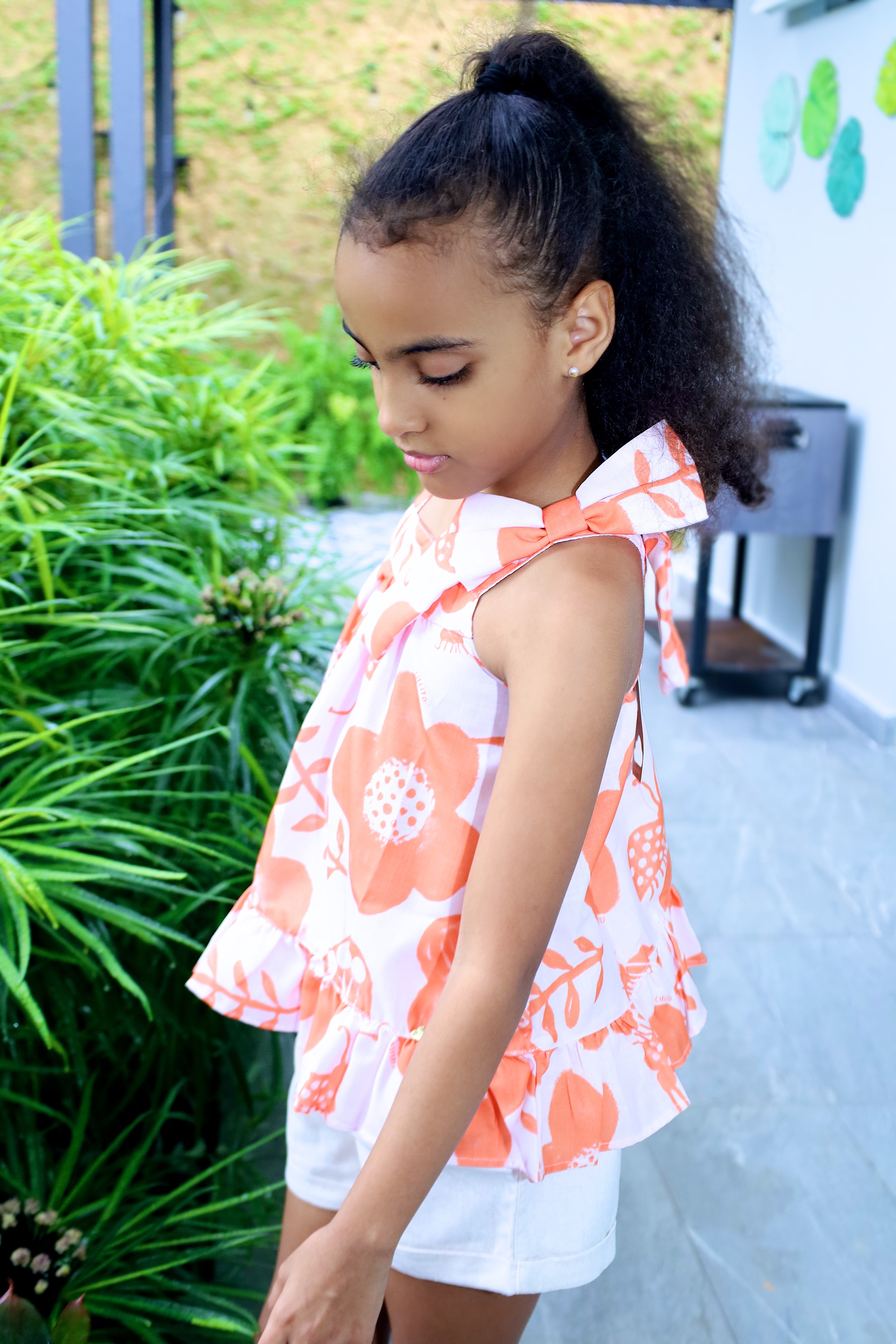 Printed Strappy Blouse with Bow Detail & Beige Shorts Set for Girl