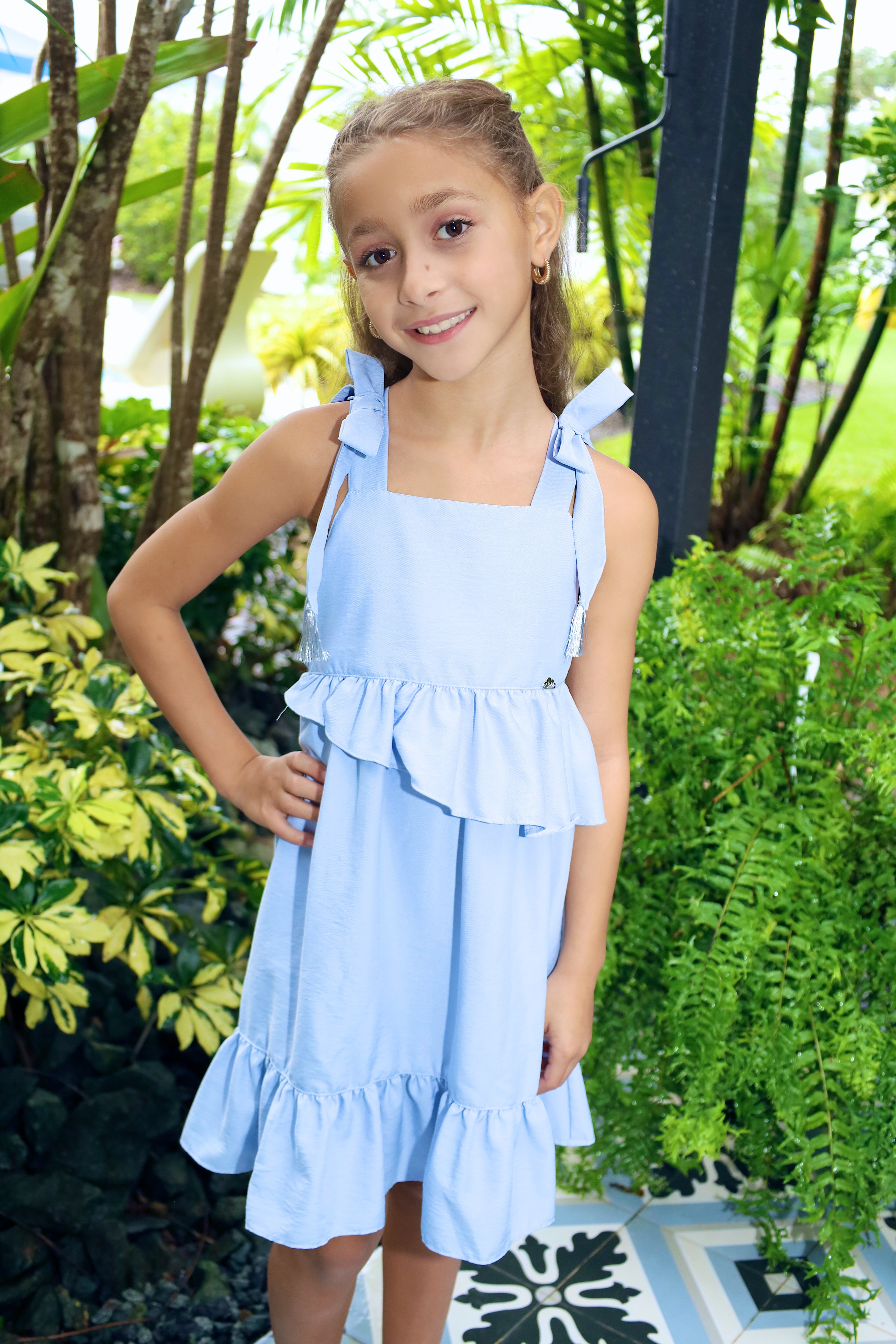 Blue Strappy Dress with Bow Detail, Silver Tassels & Ruffles for Girl