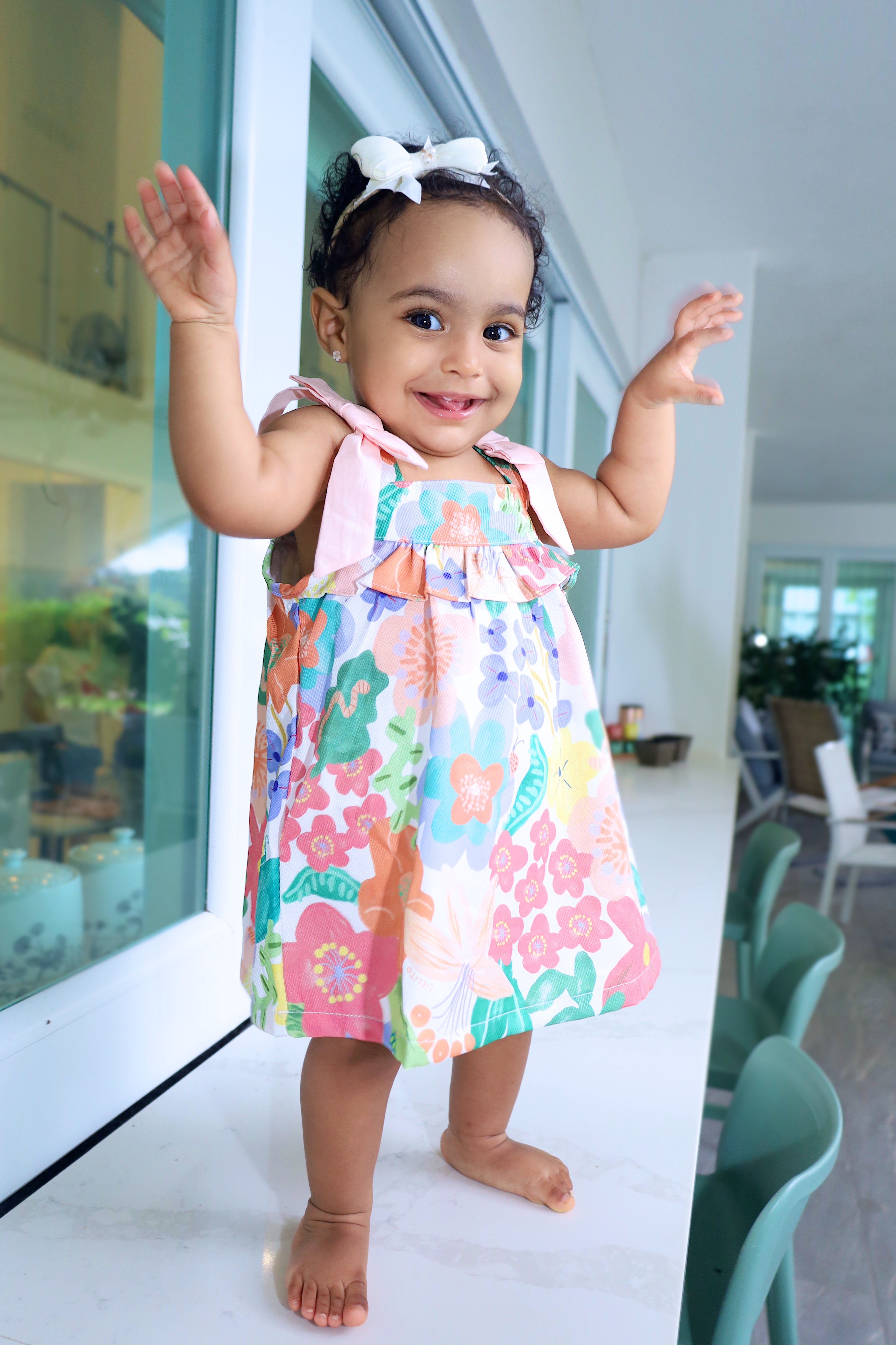 Floral Print Bodysuit Dress with Pink Bow Detail for Baby Girl