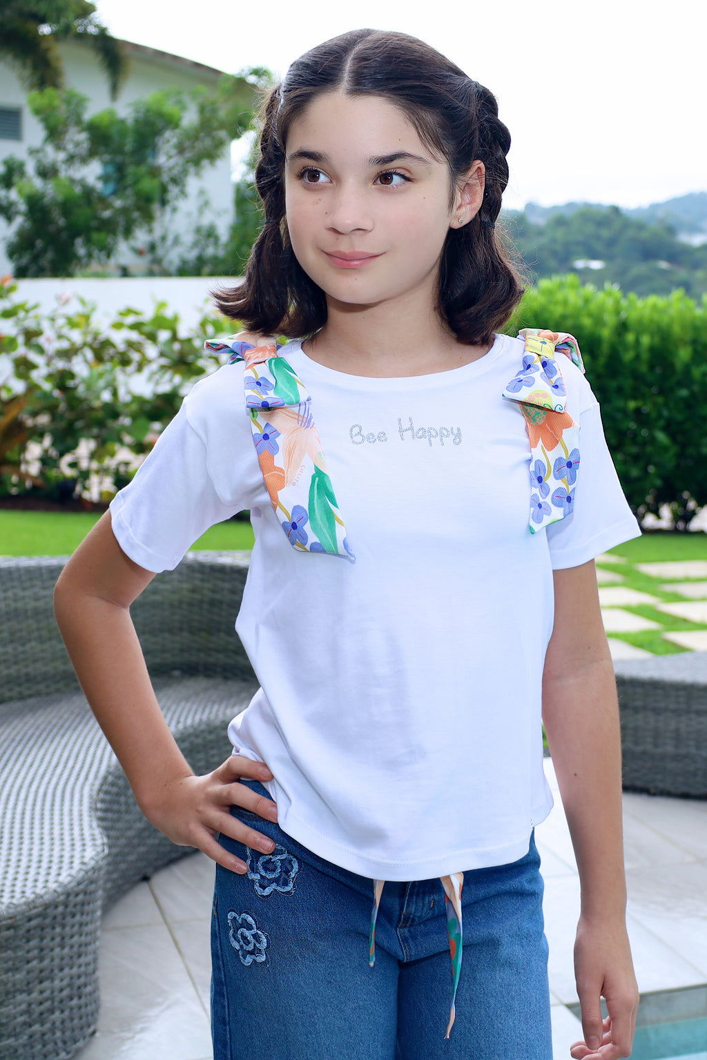 Marine-Fit Denim Jeans with Printed Belt & Embroidered Flowers for Girl