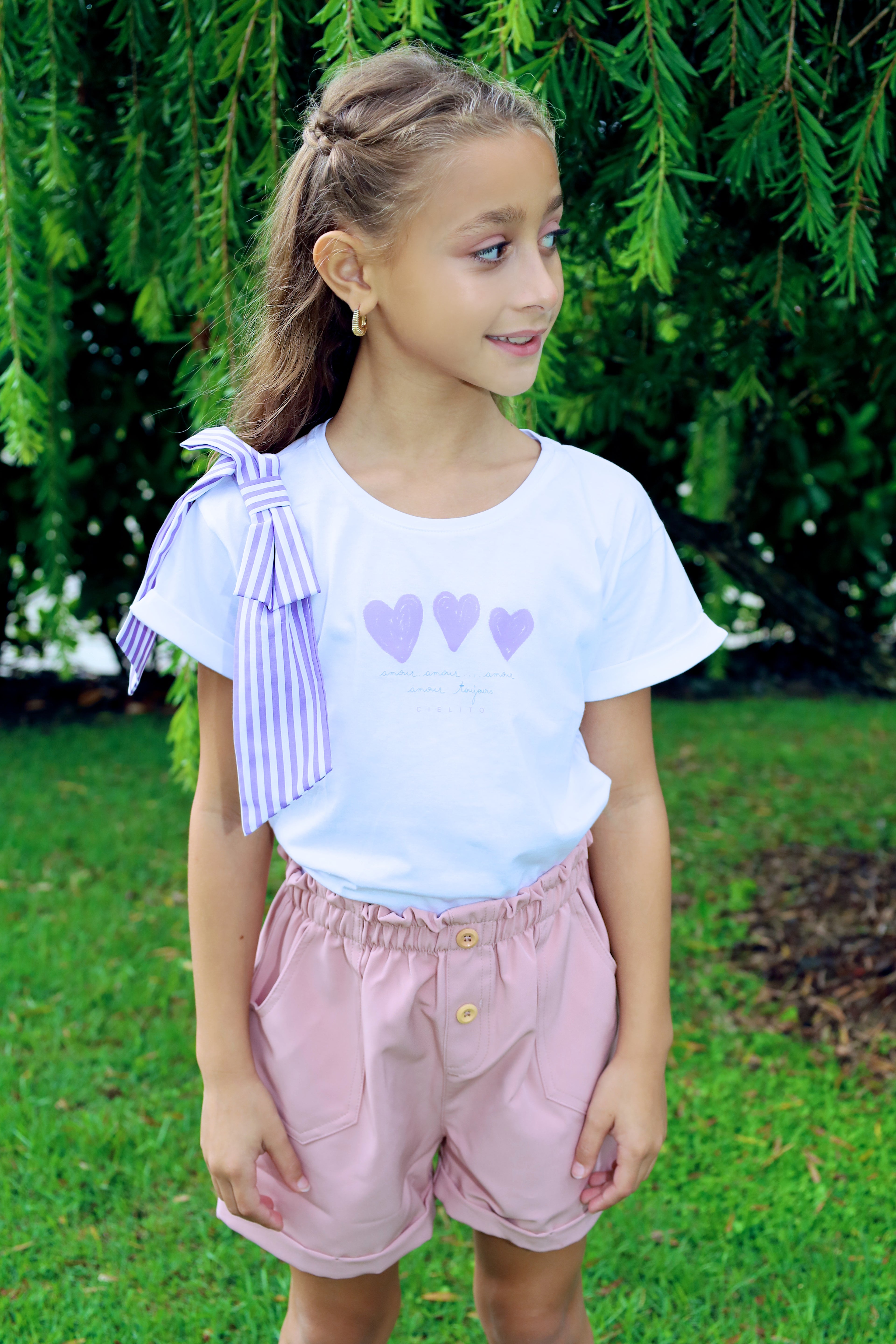 White T-Shirt with Heart Print & Lilac Striped Shoulder Bow for Girl
