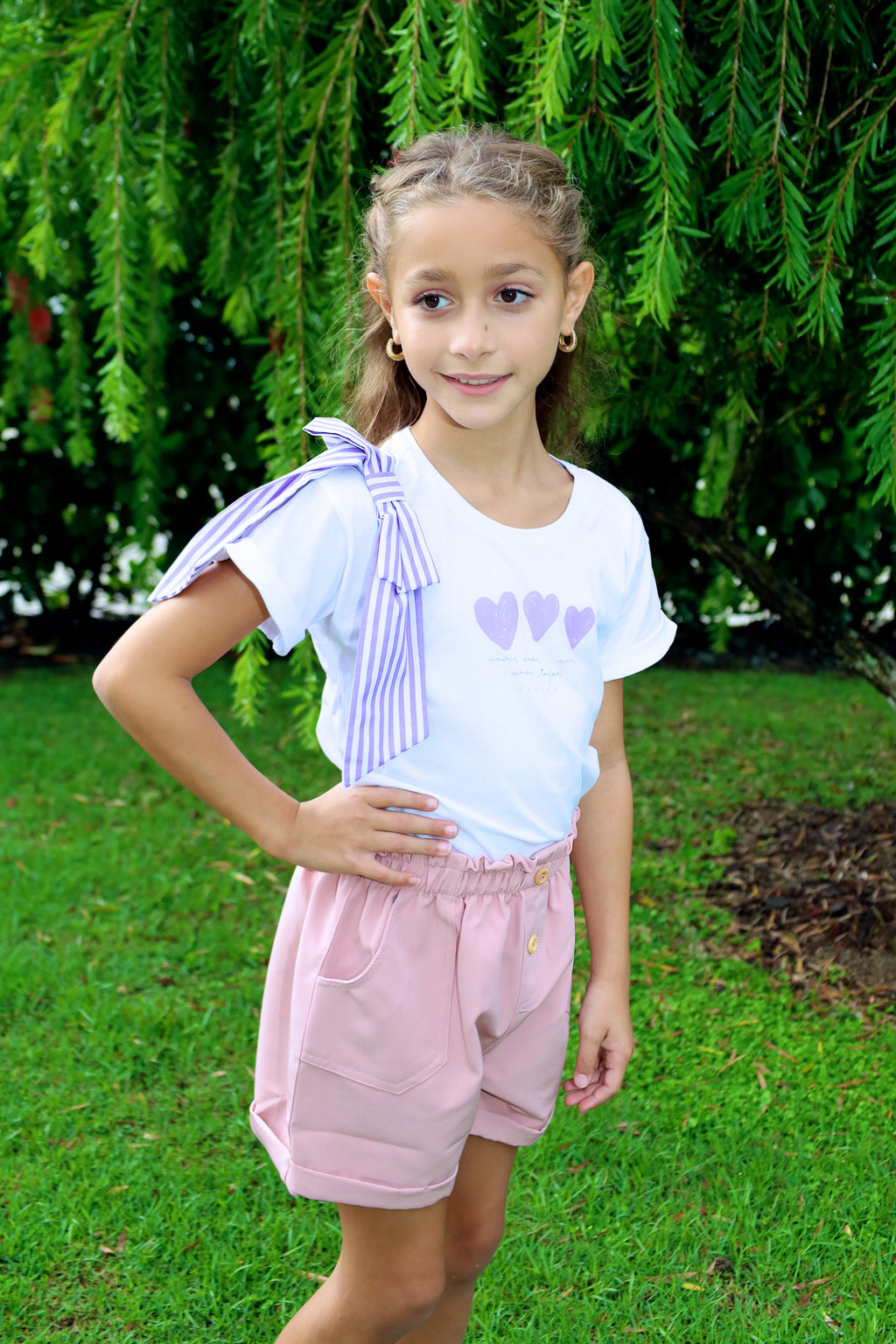 White T-Shirt with Heart Print & Lilac Striped Shoulder Bow for Girl