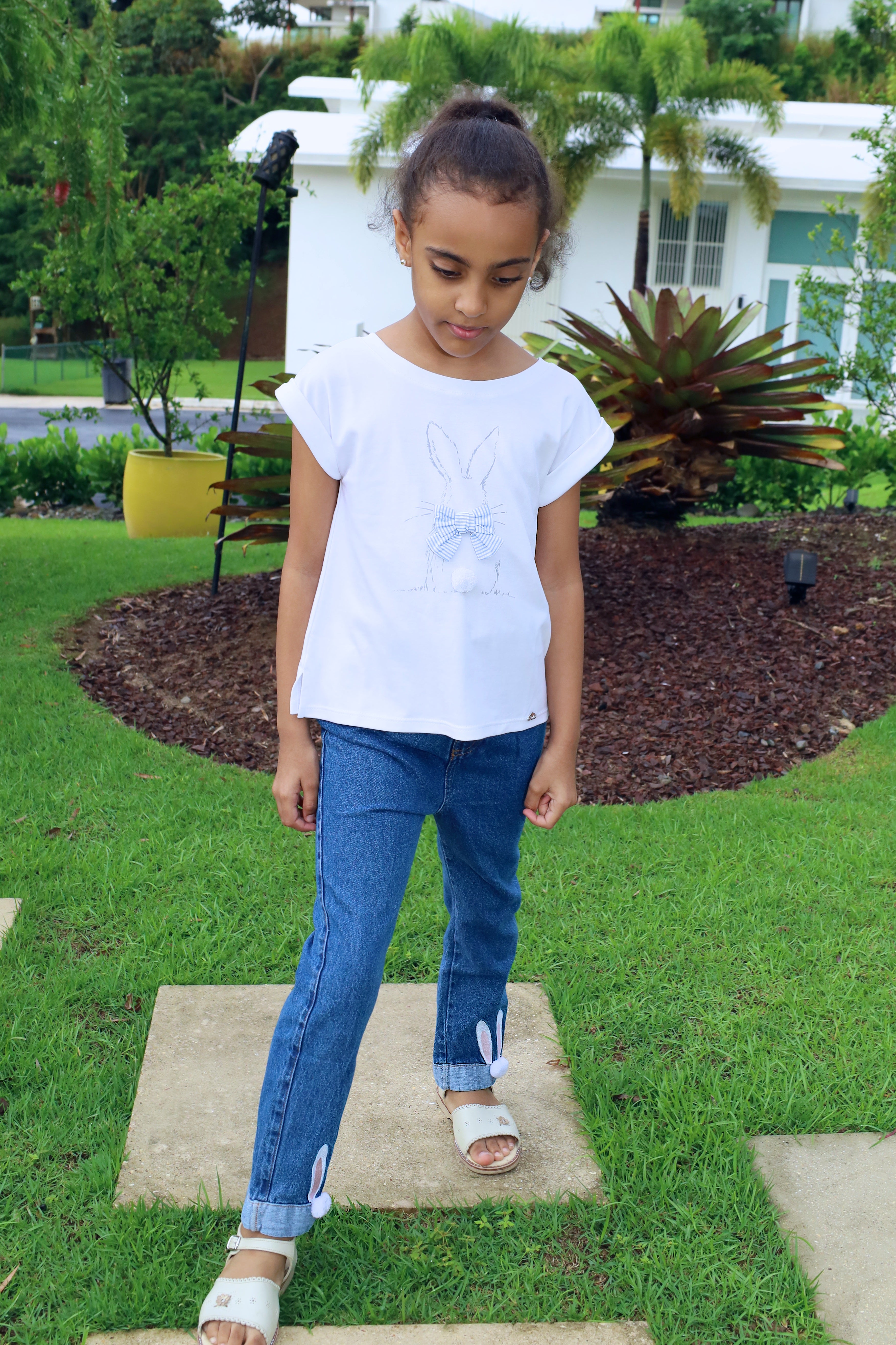 Denim Jeans with Bunny Ear Embroidery & Pompom for Girl